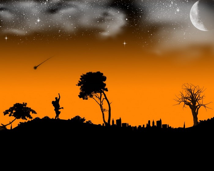 Couple silhouetted against a starry night sky with a crescent moon