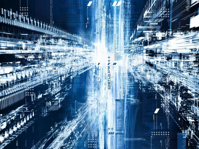 Abstract digital cityscape with blue and white lights