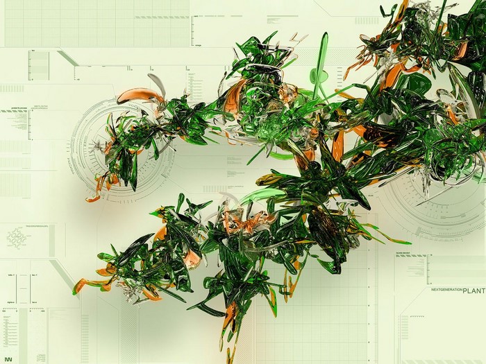Abstract digital art with green and orange organic shapes