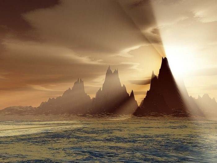 Sunlight beams through clouds over rocky islands in the ocean