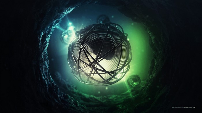 Abstract sphere in a dark cave with green and blue lights