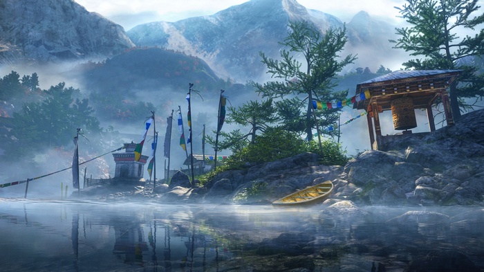 Far Cry 4 Kyrat lake with prayer flags and bell