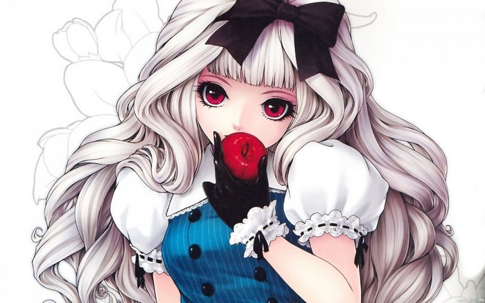 Anime girl with white hair holding a red apple