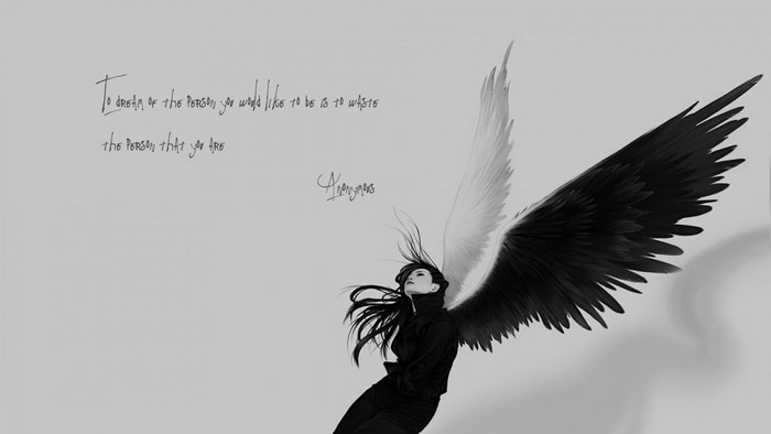Angel with black and white wings and quote