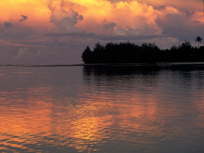 Sunset over the water with clouds and trees