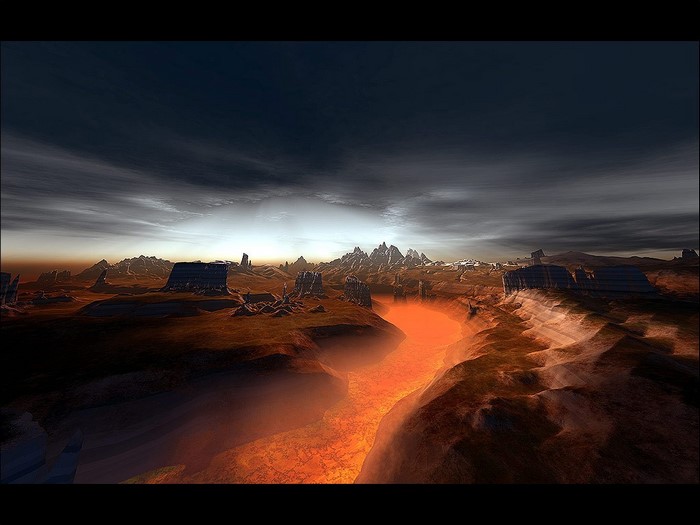 Alien landscape with lava river and mountains