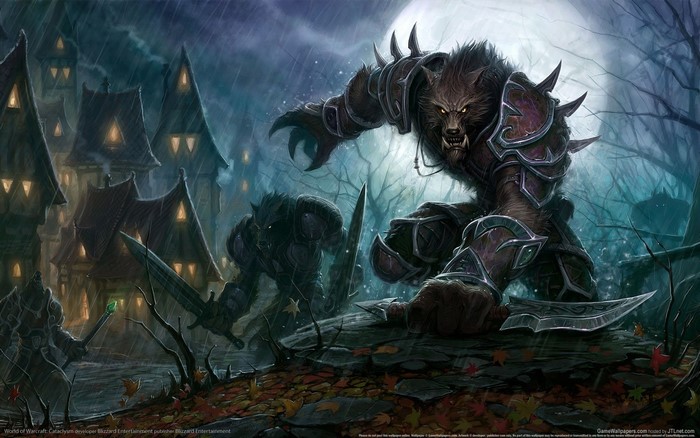 Werewolves from World of Warcraft in a village at night