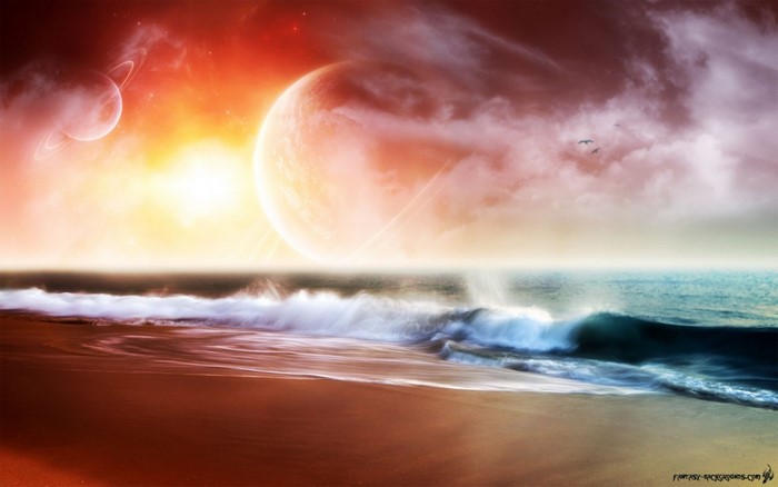 Digital art of planets over a beach with waves