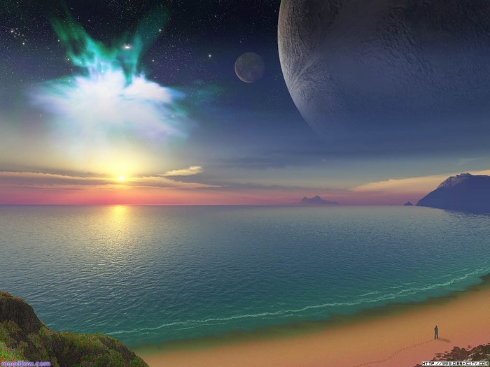 Alien planet sunset with nebula and planets