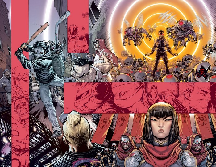 Collage of comic book panels featuring a masked youth, robots, and a determined woman