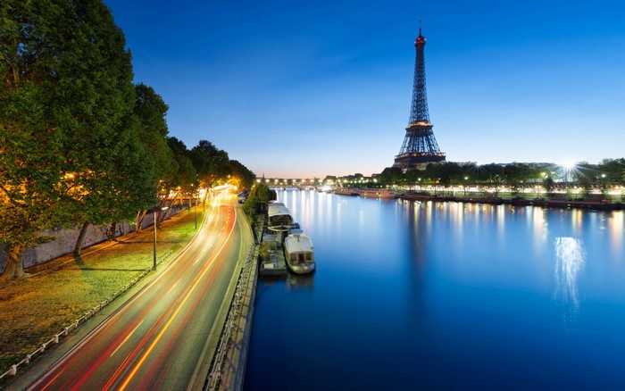 Eiffel Tower and Seine River at Dusk in Paris