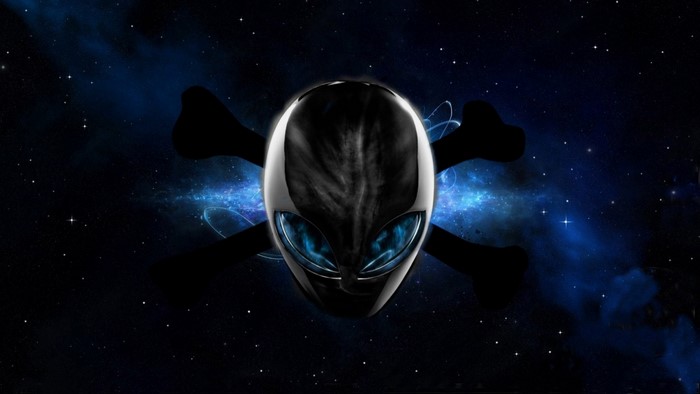 Alienware logo with skull and bones in space