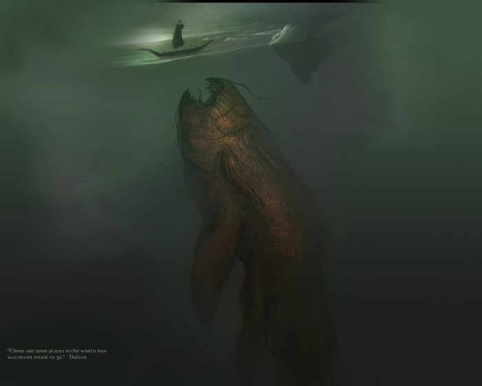 Giant sea creature and boat in dark water