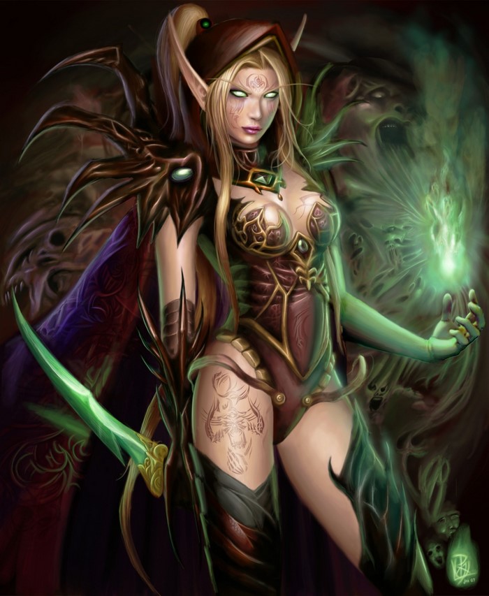 Elf Warlock with Green Magic and Dagger