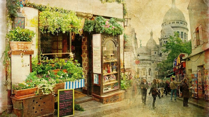 Street scene in Montmartre, Paris with Sacre Coeur