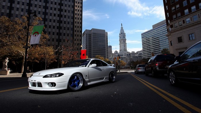 White Nissan Silvia S15 sports car in city