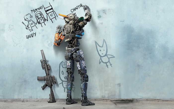 Chappie robot drawing on a wall with a rifle