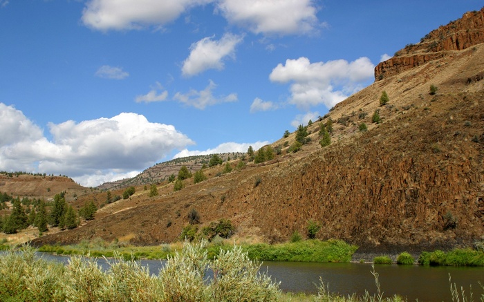 River flowing past a rocky, tree-covered hillside under a cloudy blue sky