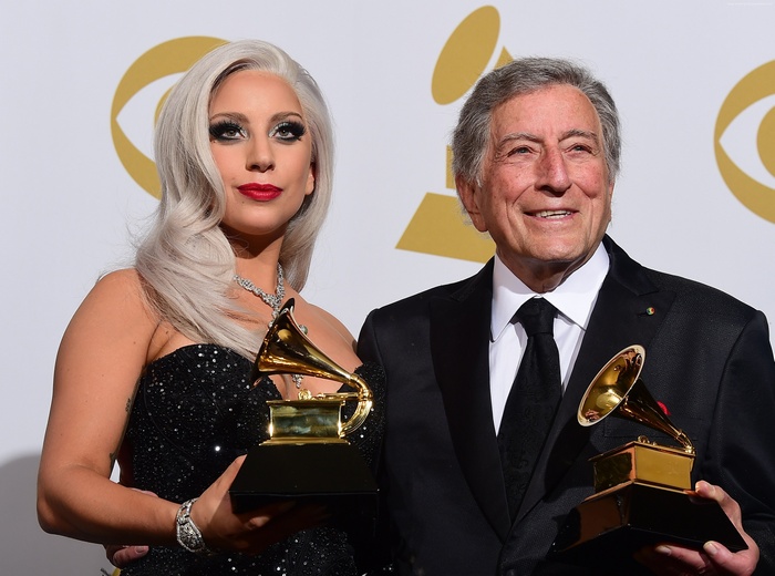 Lady Gaga and Tony Bennett with Grammy Awards
