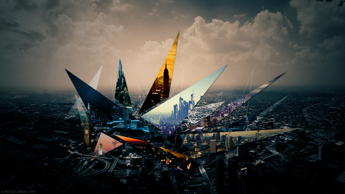 Digital art cityscape with geometric overlays