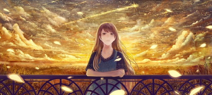 Anime girl with long brown hair looking at the sky