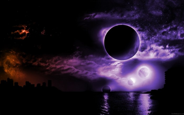 Dark celestial bodies over a city skyline