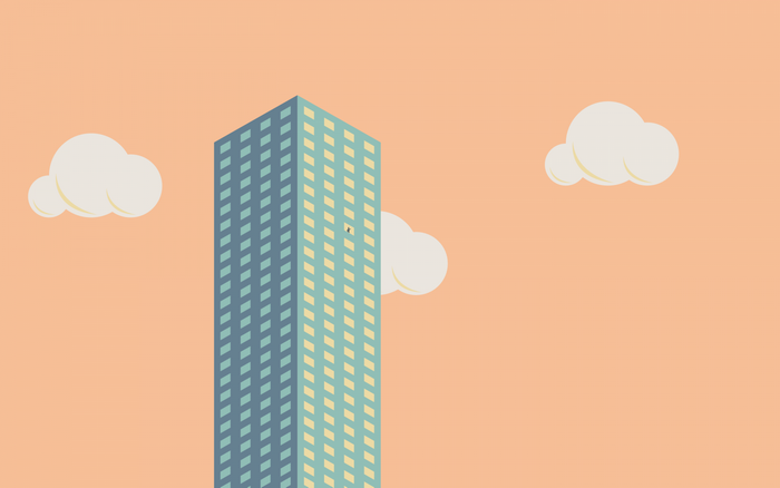 Minimalist illustration of a skyscraper and clouds