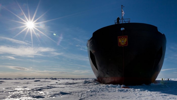 Russian icebreaker ship in the Arctic Ocean under the sun