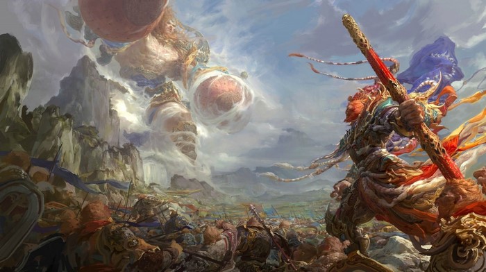 Fantasy battle with titans and a warrior
