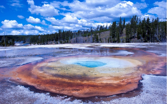 Colorful hot spring with pine trees and clouds