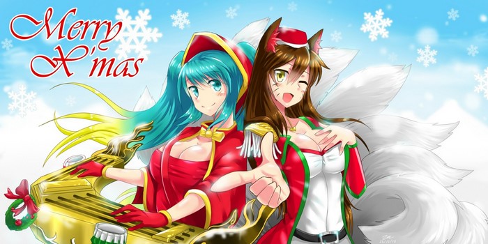 Sona and Ahri from League of Legends with Christmas theme