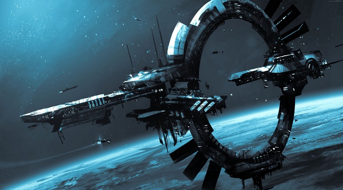 Star Citizen spaceship and space station above planet