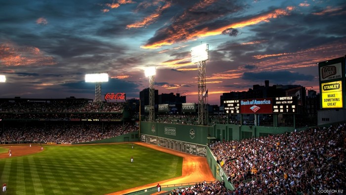 Fenway Park Baseball Stadium at Dusk with Coca-Cola and Bank of America Signs