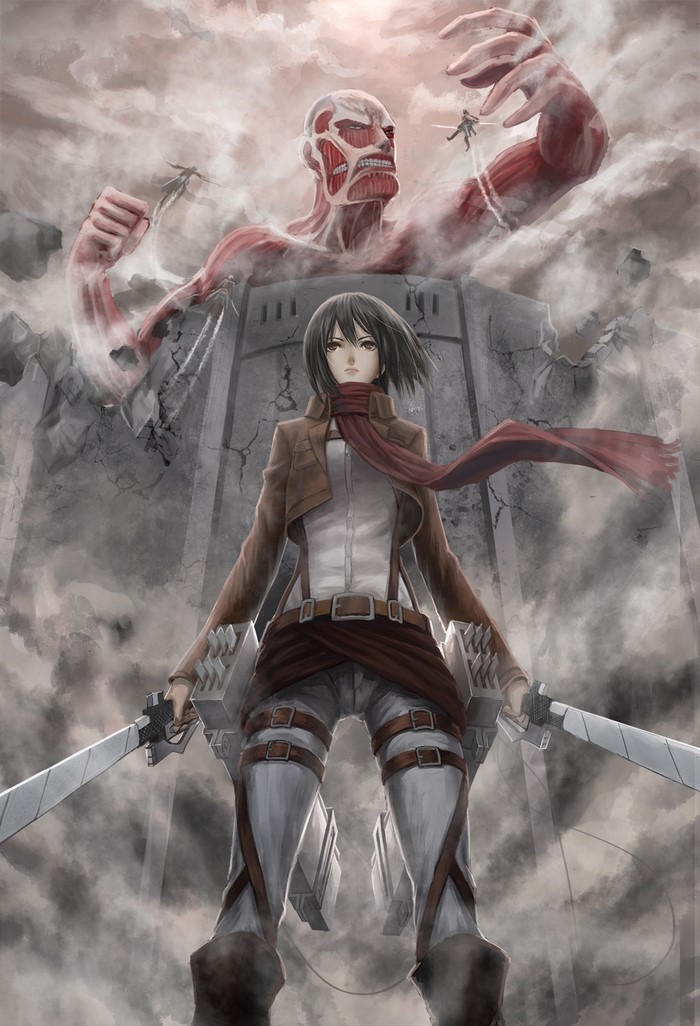 Mikasa Ackerman and Colossal Titan from Attack on Titan