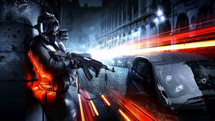 Soldier with gas mask and rifle in a city street