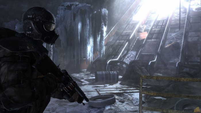 Soldier with gas mask and rifle in Metro 2033
