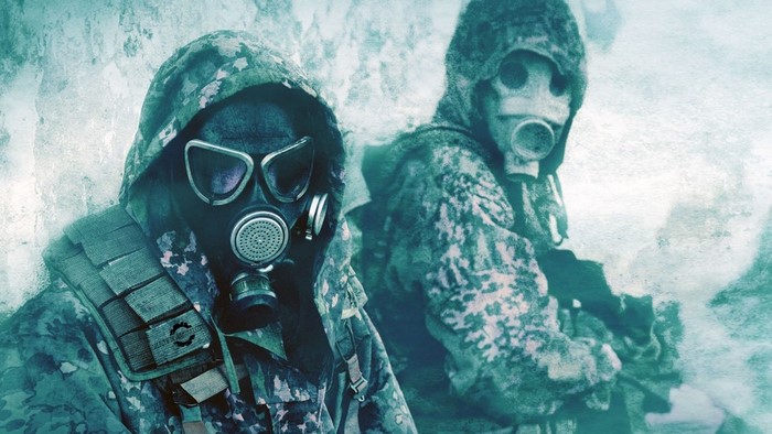 Two people in gas masks and camouflage clothing