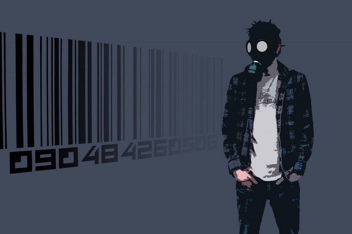 Man in gas mask and barcode