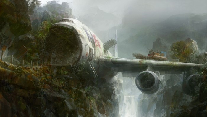 Abandoned FedEx aircraft in a jungle with waterfalls