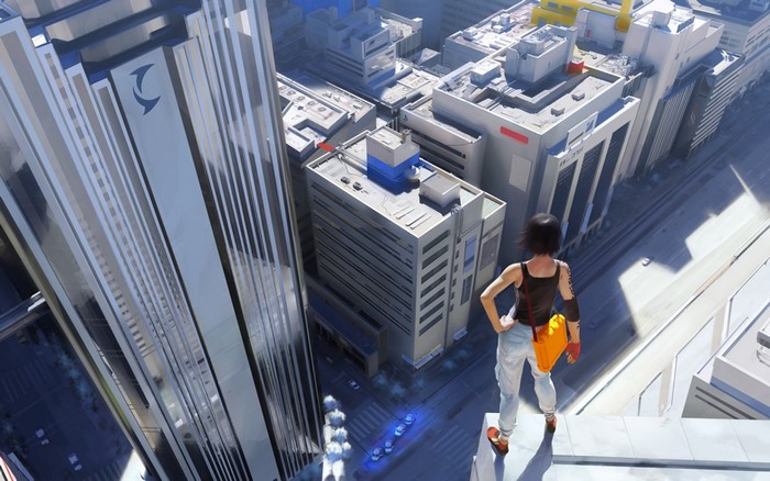 Faith Connors from Mirror's Edge standing on a skyscraper