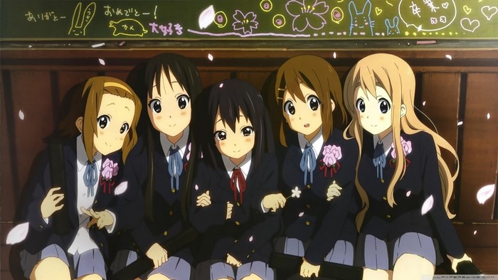 K-On! characters on a bench with a blackboard