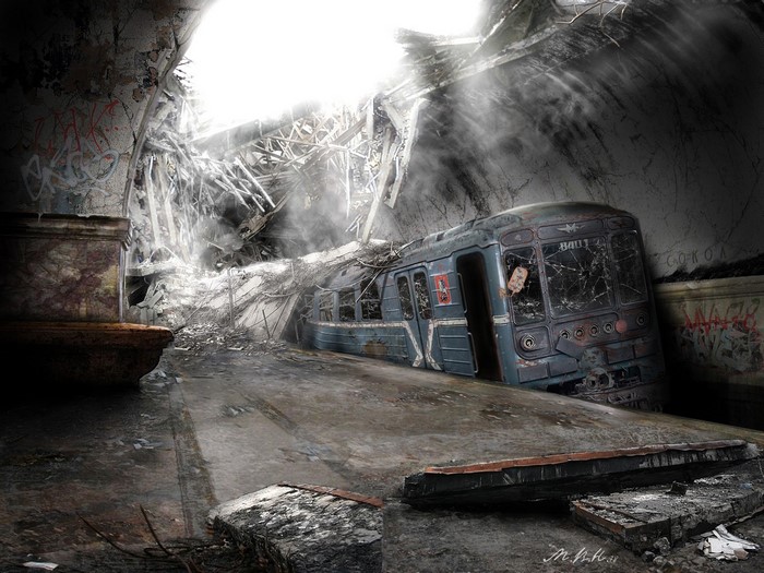 Ruined subway station with a damaged train