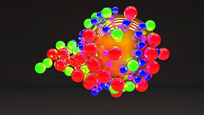 Cluster of colorful spheres around a glowing orb
