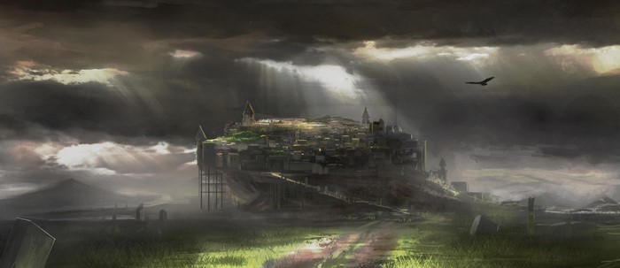 Floating city under stormy skies with sunbeams