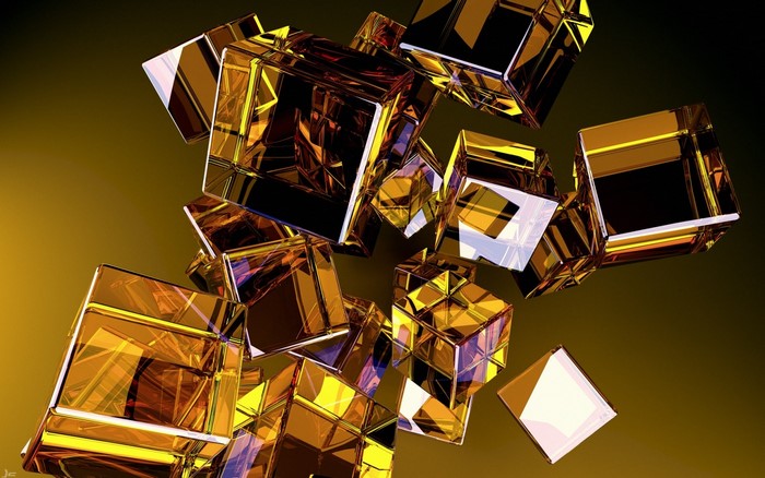 Abstract gold cubes with reflections on a yellow background