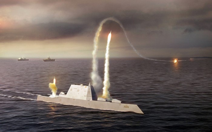 USS Zumwalt (DDG-1000) launching missiles at sea