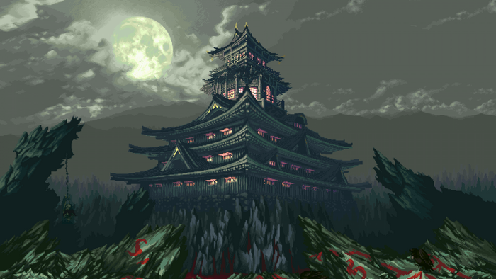 Pixel art of a dark Japanese castle under a full moon