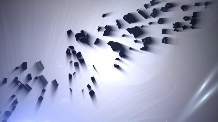 Abstract dark shapes on a white background with light rays