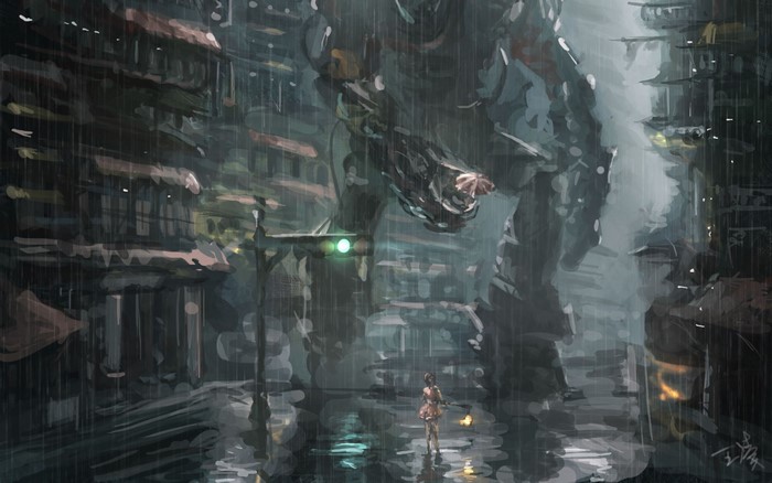 Giant robot in a rainy city street