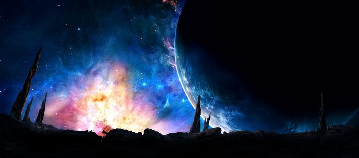 Alien planet landscape with nebula and planet